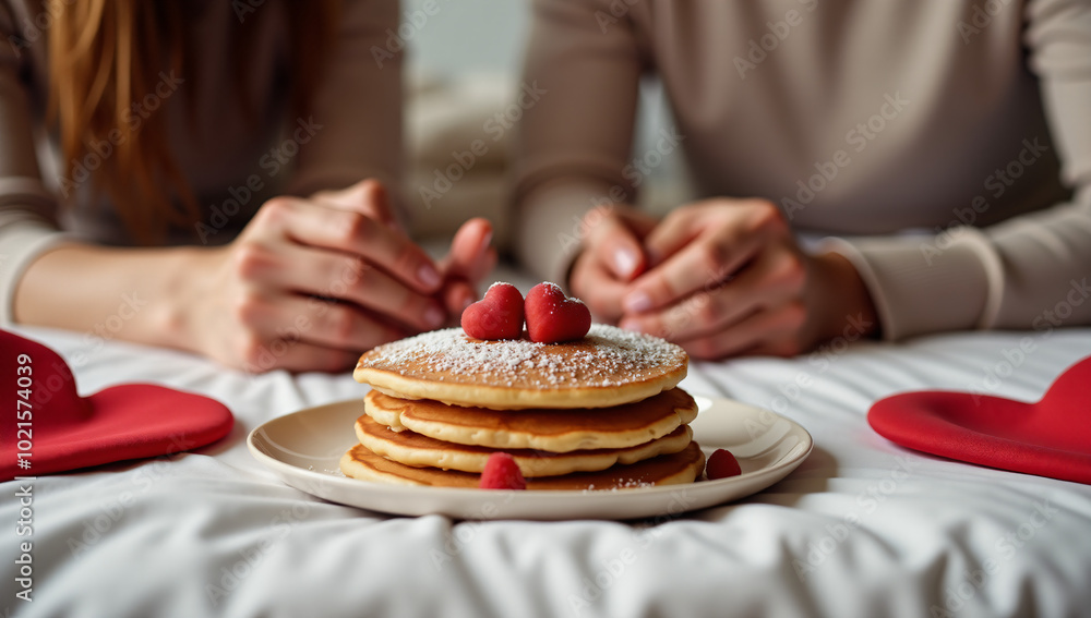 Stack of fluffy pancakes with syrup, decorated with red glitter pepper hearts and raspberries. Homemade present for Saint Valentine day. Light peach colour background. wallpaper Stack of fluffy pancakes with syrup, decorated with red glitter pepper hearts and raspberries. Homemade present for Saint Valentine day. Light peach colour background. wallpaper
