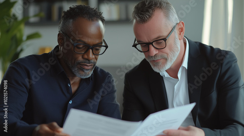 Two middle-aged men, one Afro-American and one Caucasian, reviewing a contract together. business, professionals, teamwork, collaboration, document, meeting, two men, diversity 