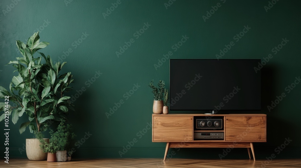 Depicting a stylish living room with a deep green wall, this image showcases a contemporary wooden console and TV setup paired with decorative houseplants.