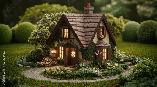 Charming miniature house surrounded by manicured lawns and lush greenery on a serene landscape.