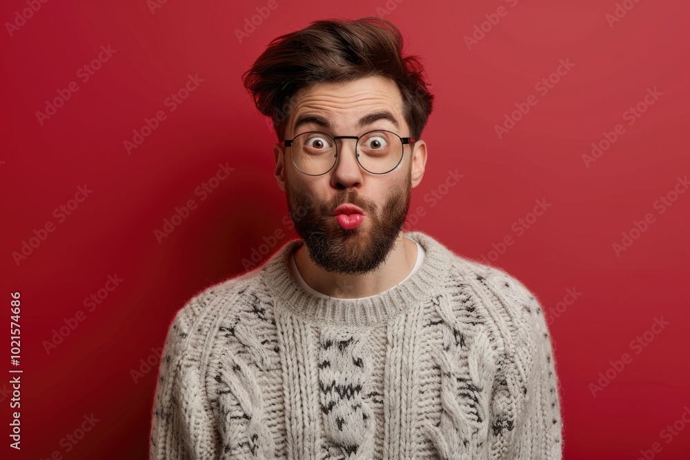 Young man in glasses and sweater making funny face.