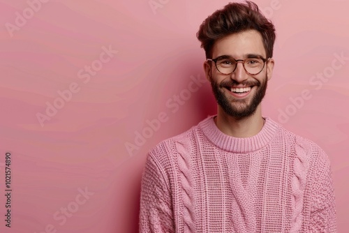 Handsome man with beard and glasses smiling on pink background.