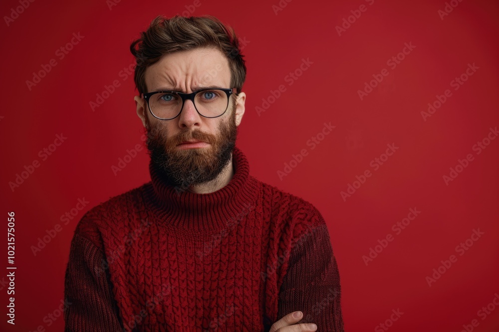 Obraz premium Handsome man in glasses looks upset over red background.