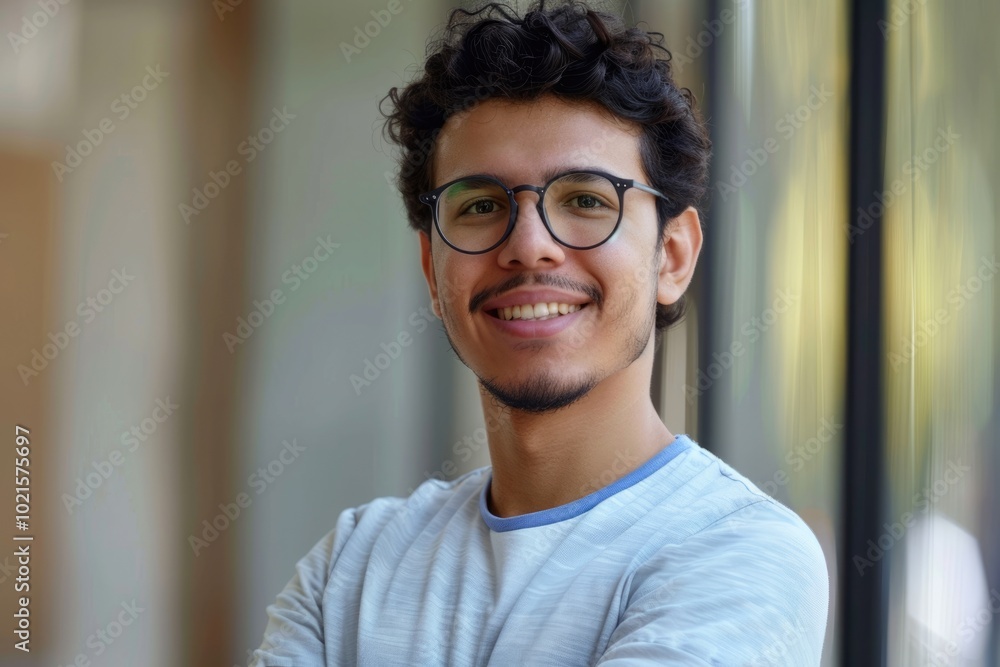 Happy young Hispanic man in casual clothes and glasses smiling. Happy young Hispanic man in casual clothes and glasses smiling.