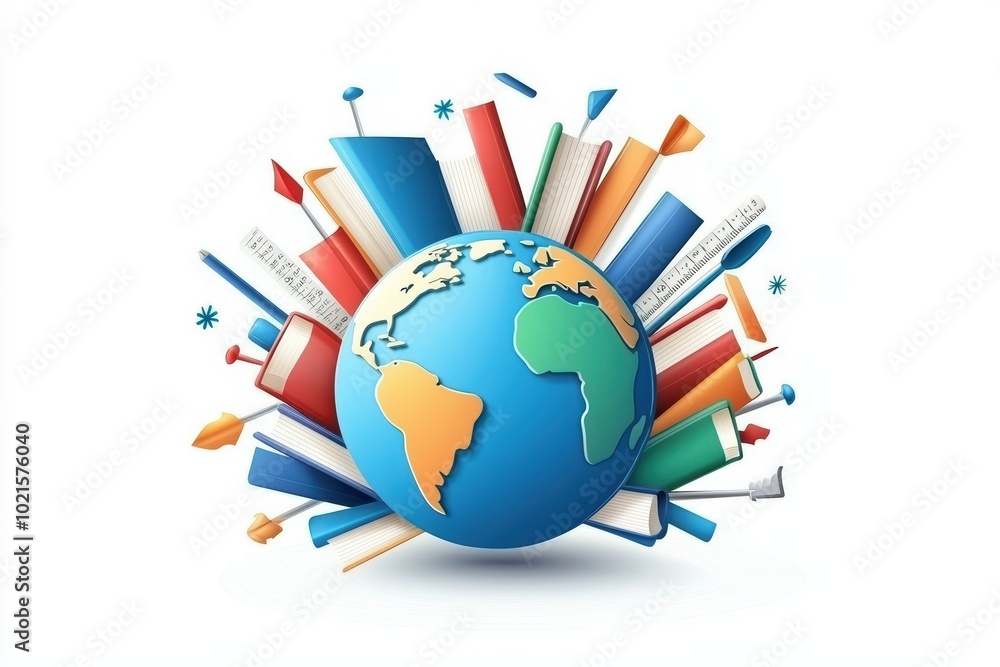 Colorful globe surrounded by books and writing tools, symbolizing education and knowledge. Colorful globe surrounded by books and writing tools, symbolizing education and knowledge.