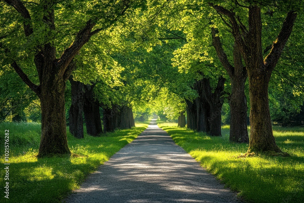 A paved path lined with lush green trees leads to a sunlit clearing in a forest. A paved path lined with lush green trees leads to a sunlit clearing in a forest.