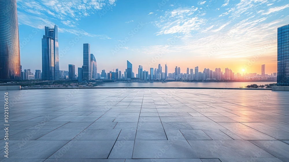 Empty square floor with modern city buildings scenery. Empty square floors and city skyline with modern buildings under blue sky. Empty square floor with modern city buildings scenery. Empty square floors and city skyline with modern buildings under blue sky.