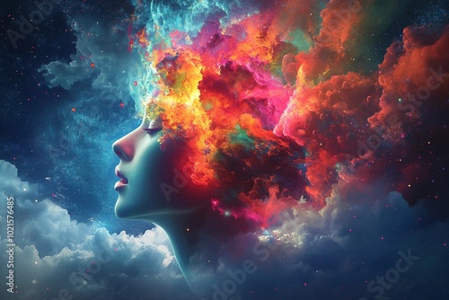 a woman's head with colorful smoke and clouds in the background