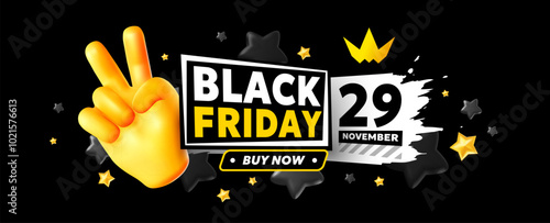 Vector black friday sale illustration with golden emoji hand geasture peace and word label. 3d style sale business promotion design of black friday logo of discount day with emoji hand on background