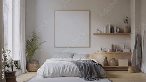 Serene Scandinavian bedroom featuring oversized canvas art, floating shelf, neutral colors, soft lighting, and pine flooring. A tranquil design atmosphere. High-resolution imagery.