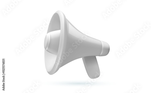 Vector illustration of white shine megaphone with shadow on white color background. Communication loudspeaker. 3d style design of announcement bullhorn and speaker for social media