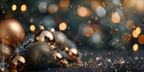 Abstract background with Christmas balls and golden elements on dark background, blurred backdrop, bright accents.vvv photo