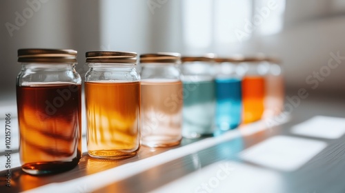 Vividly colored liquid-filled jars lined up, reflecting an array of vibrant hues and shades, appearing vivacious and eclectic against a wooden surface.