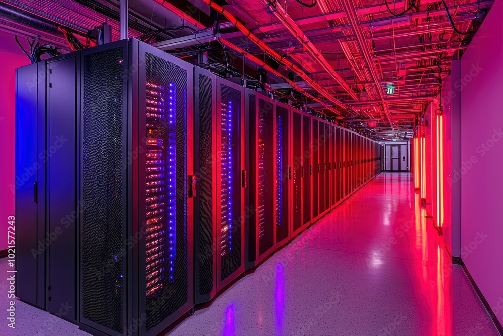Fototapeta premium Rows of Black Server Racks with Neon Lights in a Data Center