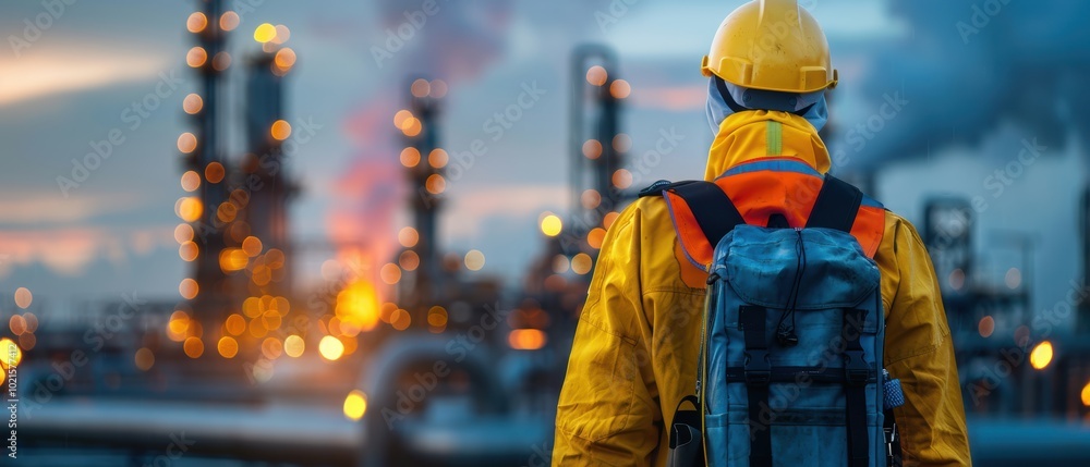 Worker in Safety Gear at Oil Extraction Site Worker in Safety Gear at Oil Extraction Site