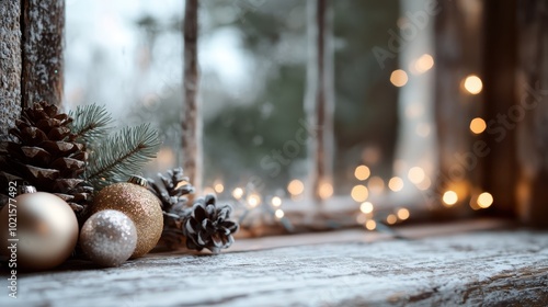 A rustic window sill is adorned with festive pine cones, glittering golden ornaments, and warm twinkling lights capturing the essence of a cozy holiday season. photo