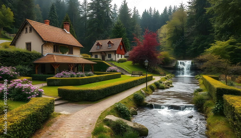 country side house, many footpaths with neat hedge flowers, small river, waterfall, forest background, high quality photo type country side house, many footpaths with neat hedge flowers, small river, waterfall, forest background, high quality photo type