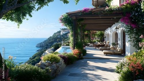 Elegant villa with terracotta roof tiles, pool, surrounded by lush gardens and overlooking the Mediterranean Sea