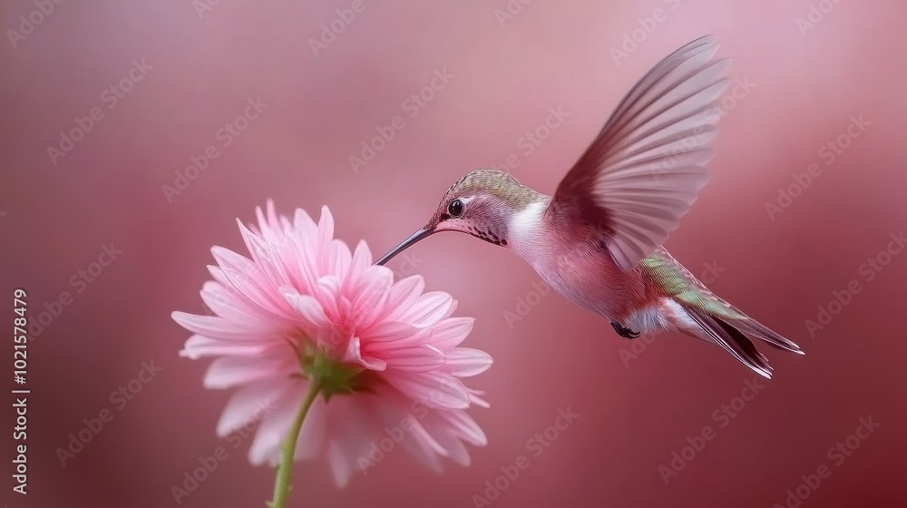 Naklejka premium Hummingbird Hovering Near Pink Flower in Soft Focus, AI