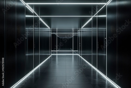 Modern Black Corridor Illuminated by White Lines