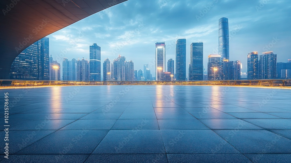 Empty square floor and bridge with skyline scenery at sunset. Empty square floor and bridge with modern city buildings. Empty square floor and bridge with skyline scenery at sunset. Empty square floor and bridge with modern city buildings.