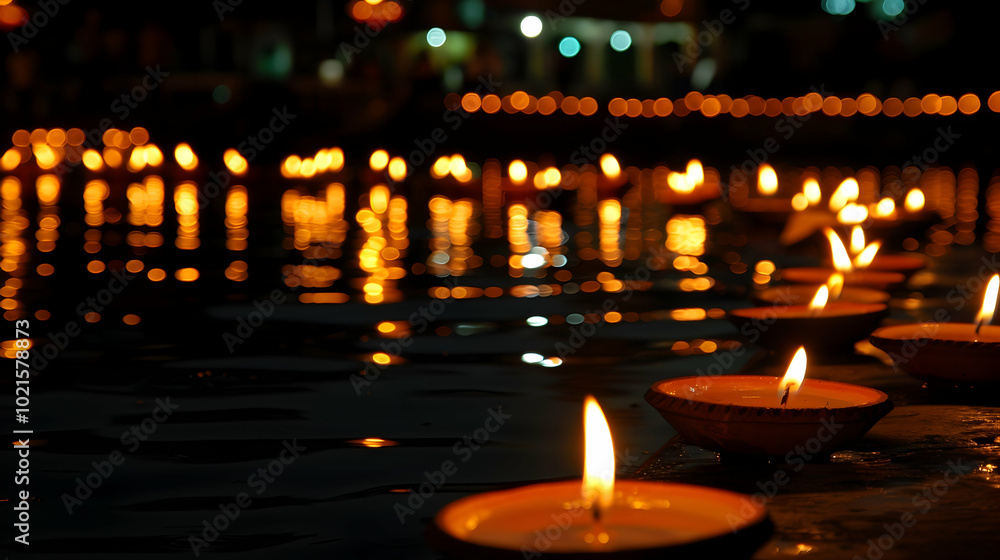 Floating Candles In Dark Water. Floating Diya on water Floating Candles In Dark Water. Floating Diya on water