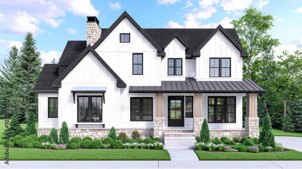 Elegant modern house design with white exterior, large windows, and lush landscaping, perfect for home inspiration. Elegant modern house design with white exterior, large windows, and lush landscaping, perfect for home inspiration.