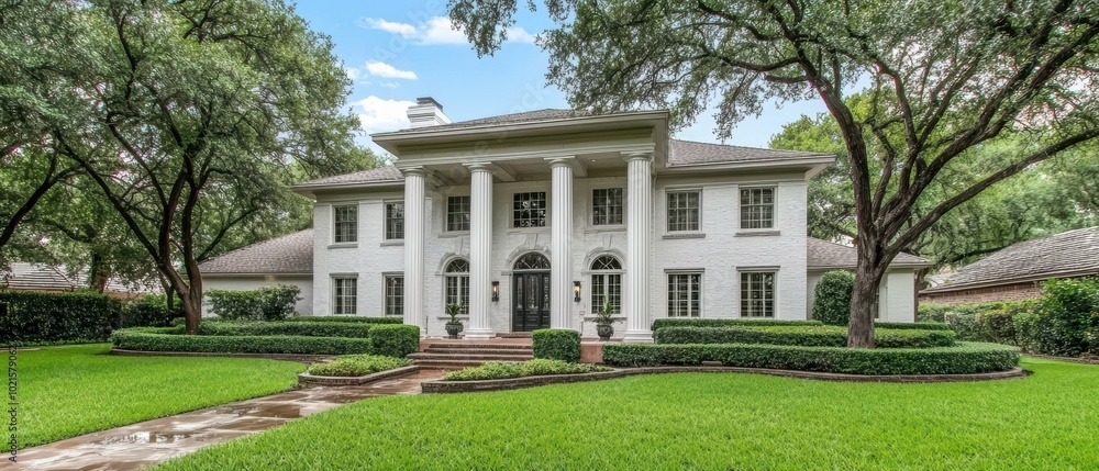 Obraz premium Elegant white mansion with lush greenery and classic pillars, showcasing beautiful architecture and serene landscaping.