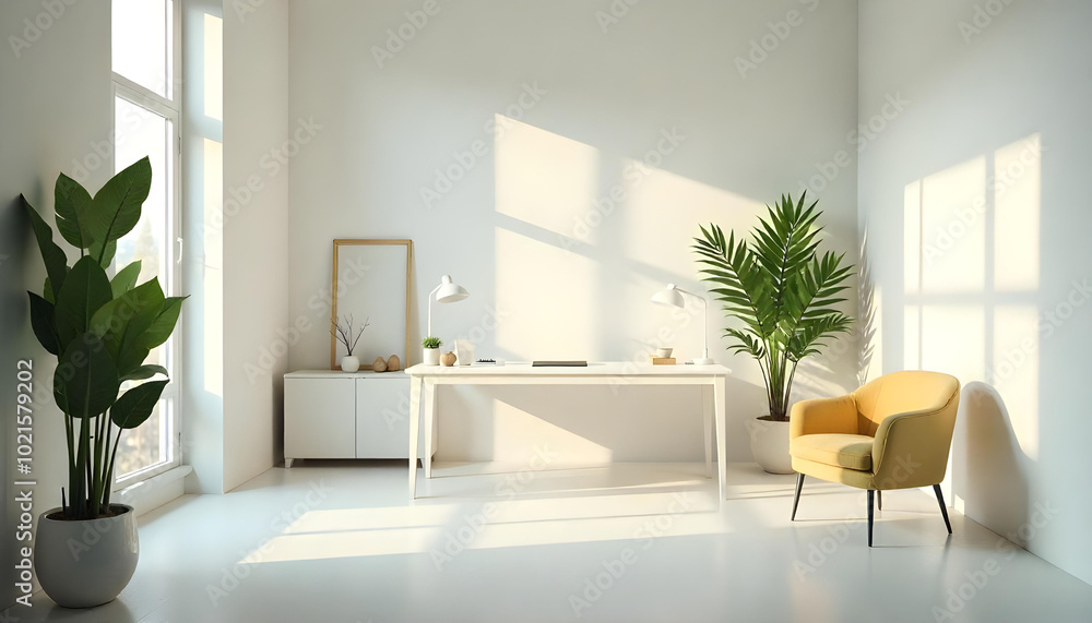 Fototapeta premium WHITE MINIMALIST OFFICE FOR A FILMMAKER