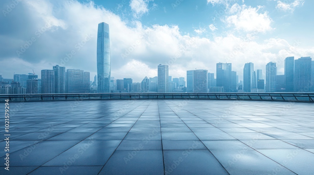 Empty square floor with modern city buildings scenery. Empty square floors and city skyline with modern buildings under blue sky. Empty square floor with modern city buildings scenery. Empty square floors and city skyline with modern buildings under blue sky.