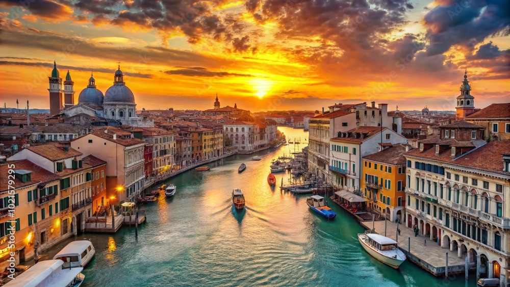 Obraz premium Stunning Venice Cityscapes Featuring Canals, Architecture, Bridges, and Iconic Landmarks at Sunset