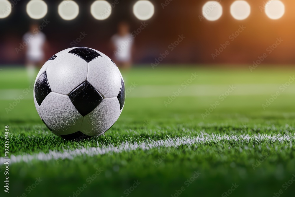 Fototapeta premium Focused view of a soccer ball on the field, illuminated by stadium lights, ready for the game.