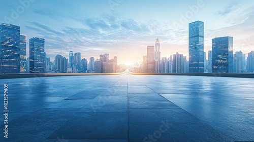 Empty square floor with modern city buildings scenery. Empty square floors and city skyline with modern buildings under blue sky.