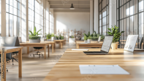 A bright, minimalist office with wooden desks and light-colored furniture, analysts and economists working quietly with clean, digital charts on sleek laptops
