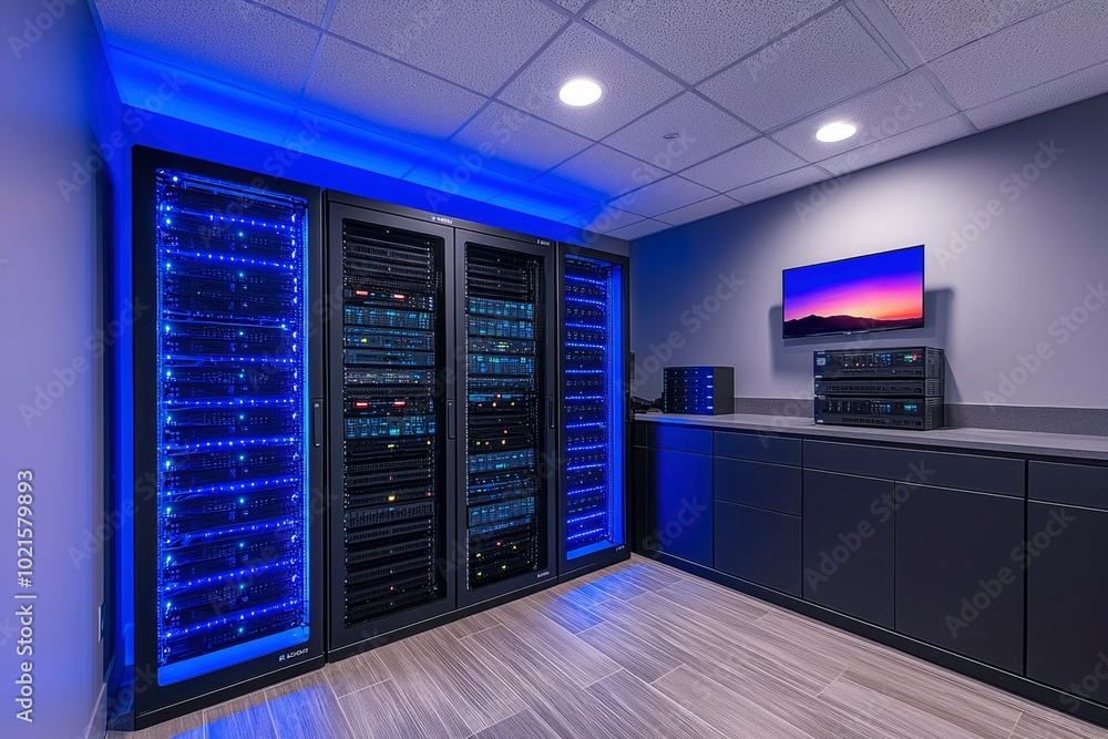 Server Room with Blue LED Lighting and Cabinets Server Room with Blue LED Lighting and Cabinets