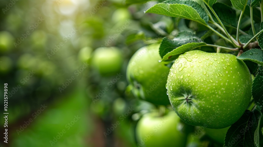 Close-up of a granny smith apple in an orchard Close-up of a granny smith apple in an orchard