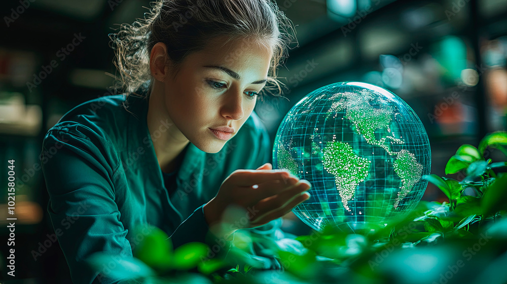 Naklejka premium The hand of a human holding an earth covered in green and a tree on it is a symbol for ESG and climate change