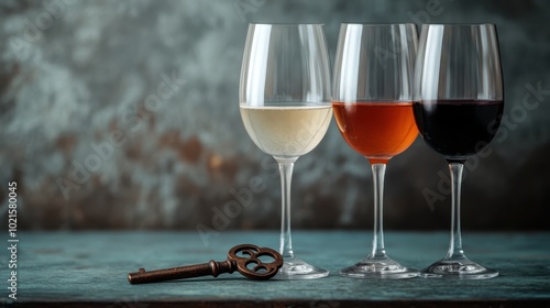 A refined composition featuring three wine glasses filled with different wines, elegantly positioned beside an antique key against a textured, rustic backdrop. photo