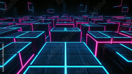 Futuristic digital landscape featuring neon cubes and glowing lines in a dark environment.