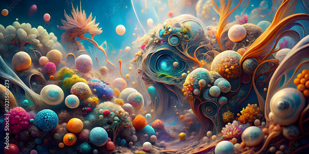 Cosmic Bloom: A vibrant and surreal dreamscape, where intricate coral-like structures and bioluminescent orbs dance in a symphony of color. Cosmic Bloom: A vibrant and surreal dreamscape, where intricate coral-like structures and bioluminescent orbs dance in a symphony of color.