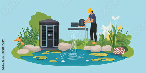 Person installing recirculating pump for backyard pond system, illustration art photo