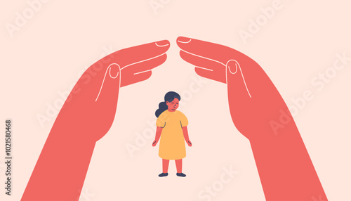 Human hands created secure environment for small girl via home roof gesture. Childproofing, supervision, and teaching safety rules. Adoption and Adults taking care about kids. Vector illustration
