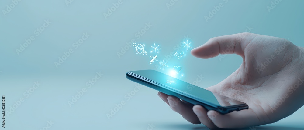 Hand holding smartphone with digital icons floating above, representing connectivity and innovation, on a soft blue background. Hand holding smartphone with digital icons floating above, representing connectivity and innovation, on a soft blue background.