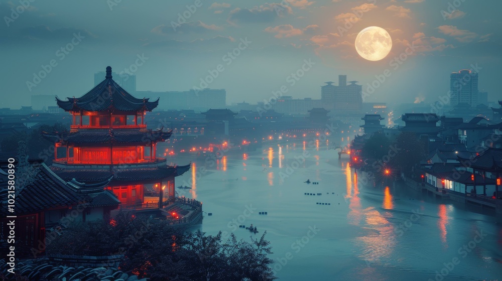 Obraz premium A beautiful cityscape of a Chinese city with a river running through it and a full moon in the background