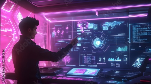 A silhouette of a person interacting with a futuristic, neon-lit control panel filled with digital displays and holographic data.