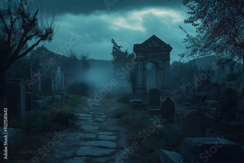 Dark Foggy Cemetery Pathway Illustration. Dark Foggy and Misty graveyard. photo