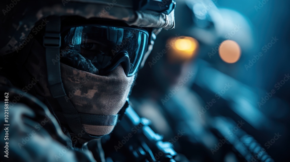 The image depicts soldiers in full military gear, wearing helmets and goggles, with a focused look, emphasizing readiness and determination in a tactical setting. The image depicts soldiers in full military gear, wearing helmets and goggles, with a focused look, emphasizing readiness and determination in a tactical setting.