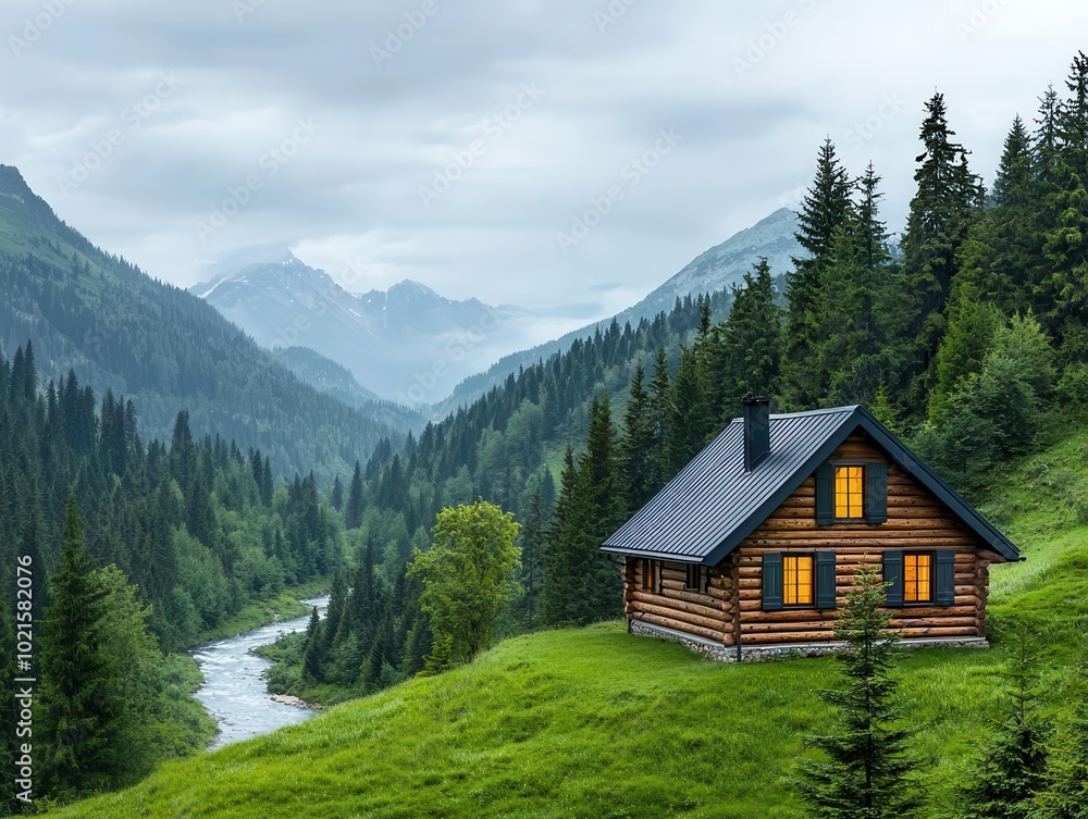 A log cabin nestled among pine trees, with panoramic windows offering views of rolling hills and a mountain river winding through the landscape A log cabin nestled among pine trees, with panoramic windows offering views of rolling hills and a mountain river winding through the landscape