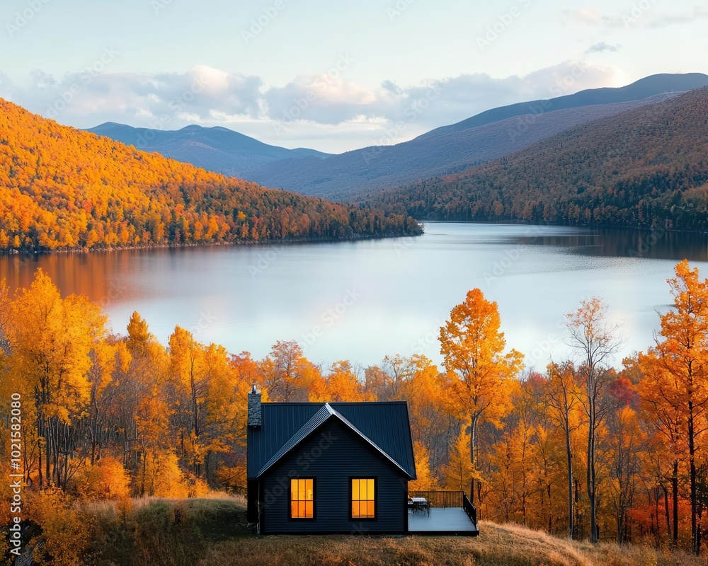 A cabin surrounded by vibrant autumn trees, offering panoramic views of rolling hills and a mountain lake below, warm sunlight A cabin surrounded by vibrant autumn trees, offering panoramic views of rolling hills and a mountain lake below, warm sunlight
