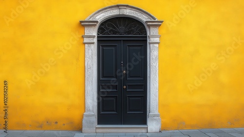 Wallpaper Mural Timeless Elegance - Vintage House Entrance with Yellow Wall and Black Door in High-Quality Product Photography Style Torontodigital.ca
